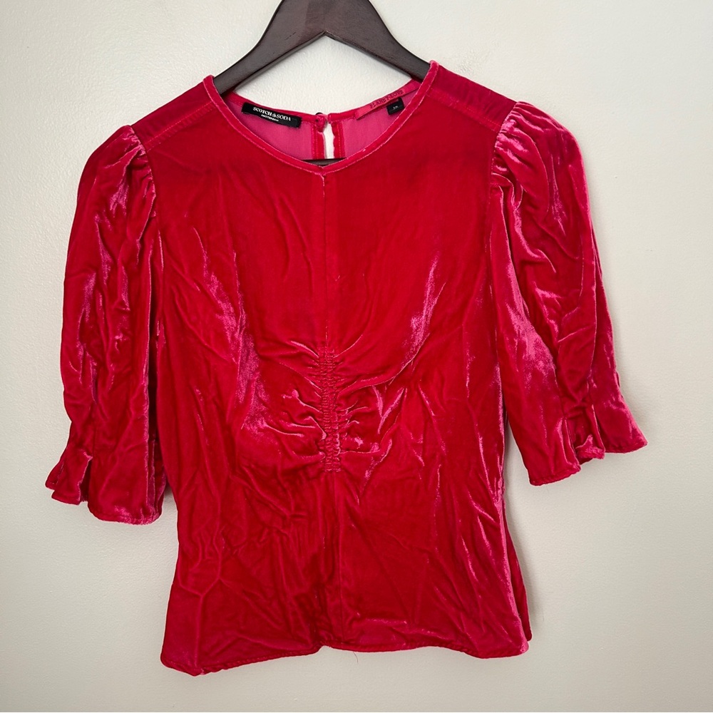 Scotch & Soda Blouse Pink Fitted Puff Sleeve Velvet Planet Love Ruched Top - Picture 14 of 14